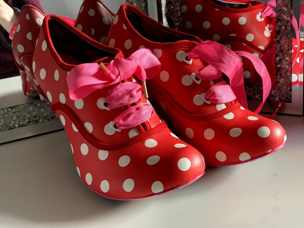 Irregular Choice Bright Eyes red spot dotty dot spotty boots shoes heels pink