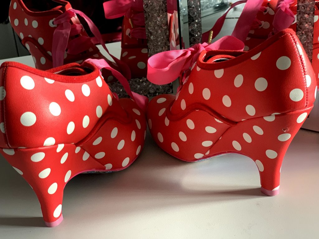 Irregular Choice Bright Eyes red spot dotty dot spotty boots shoes heels pink