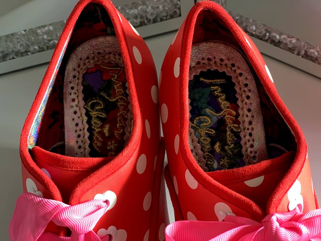 Irregular Choice Bright Eyes red spot dotty dot spotty boots shoes heels pink