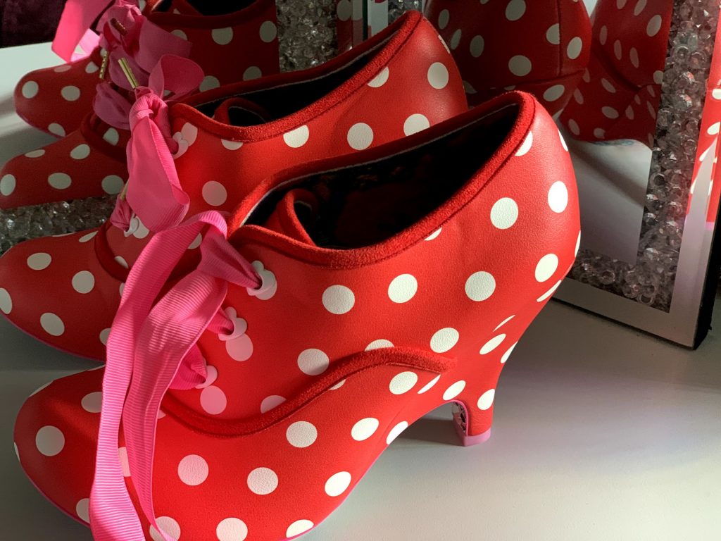 Irregular Choice Bright Eyes red spot dotty dot spotty boots shoes heels pink