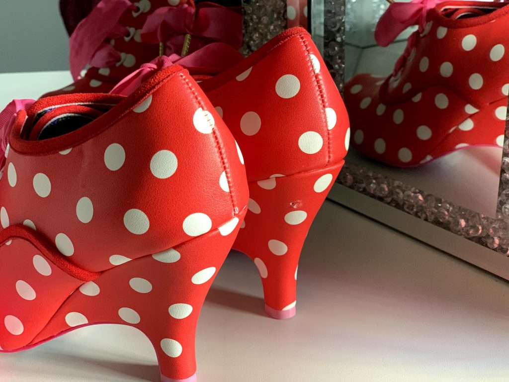 Irregular Choice Bright Eyes red spot dotty dot spotty boots shoes heels pink