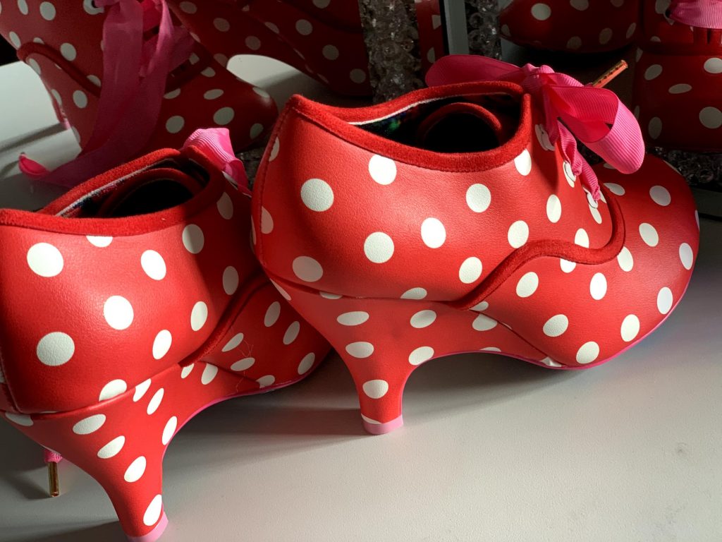 Irregular Choice Bright Eyes red spot dotty dot spotty boots shoes heels pink