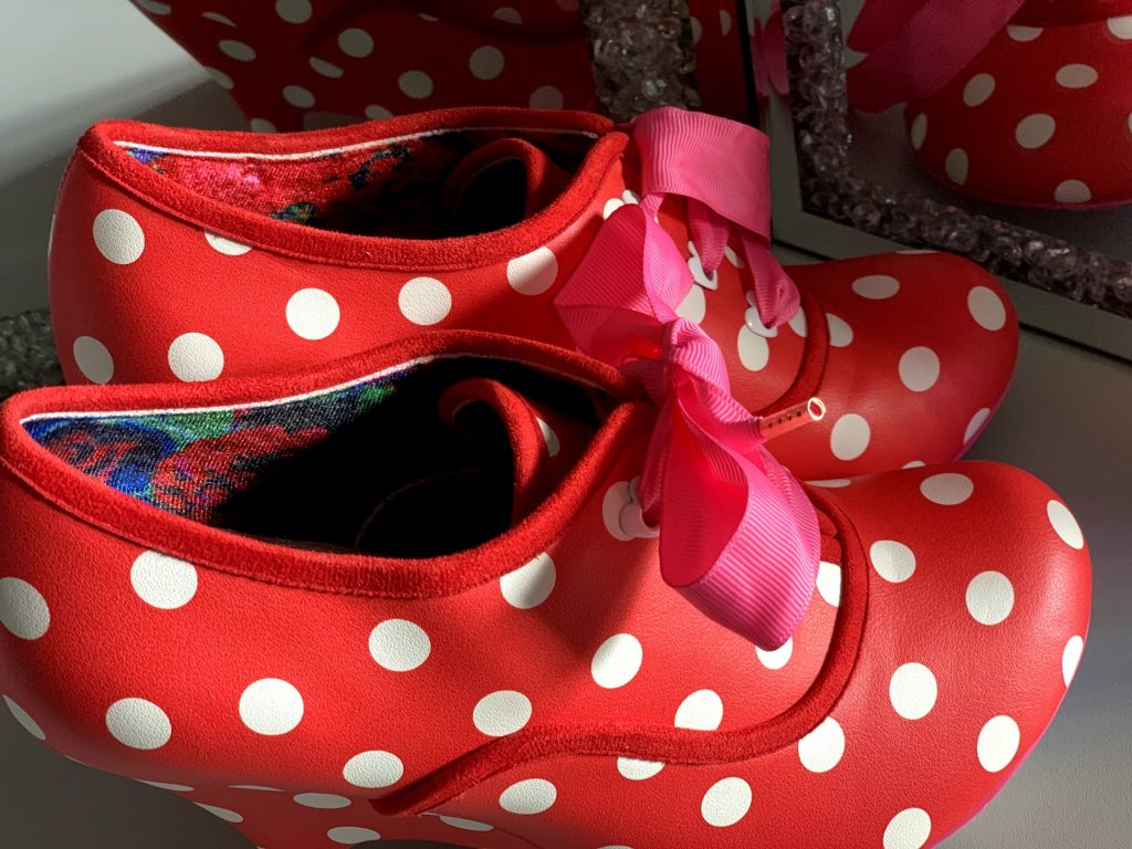 Irregular Choice Bright Eyes red spot dotty dot spotty boots shoes heels pink