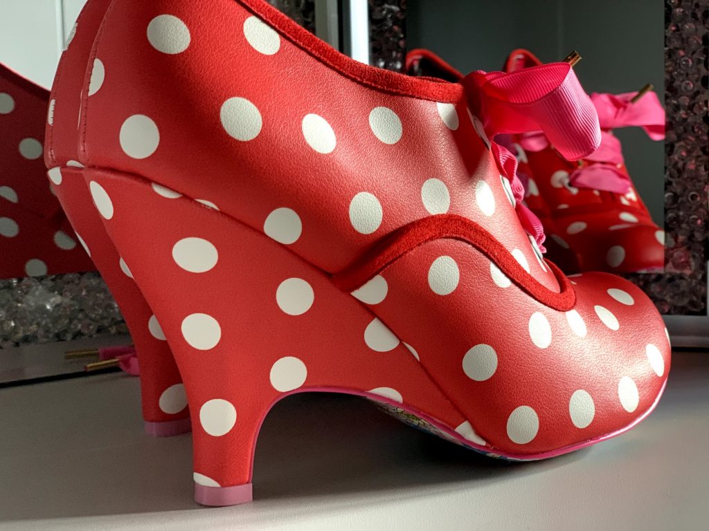 Irregular Choice Bright Eyes red spot dotty dot spotty boots shoes heels pink