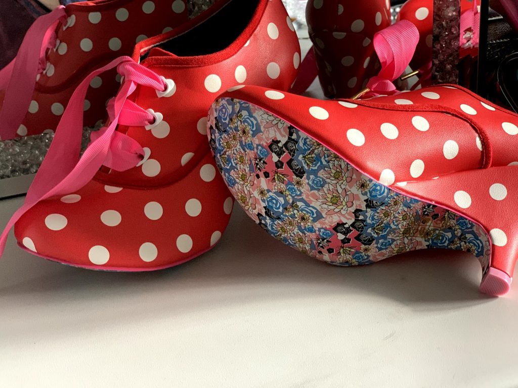 Irregular Choice Bright Eyes red spot dotty dot spotty boots shoes heels pink